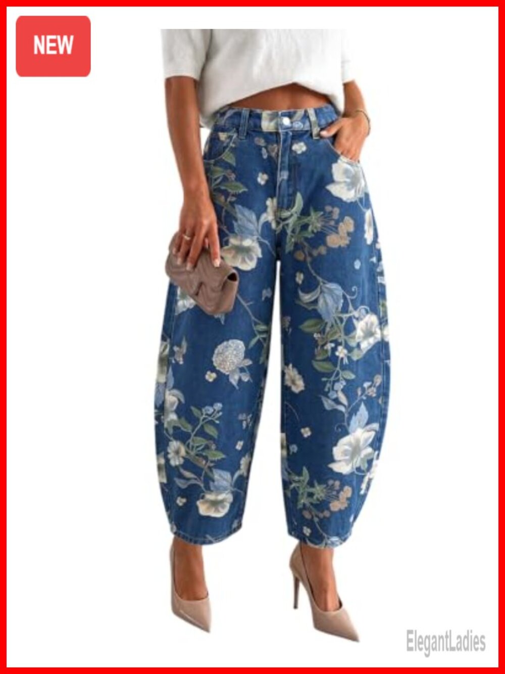 High Rise Cropped Barrel Leg Floral Print Jeans Cotton Polyester Denim Pants